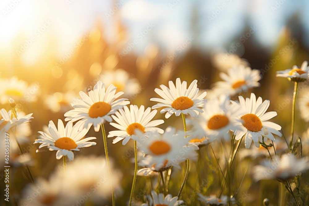 field of daisies during sunset