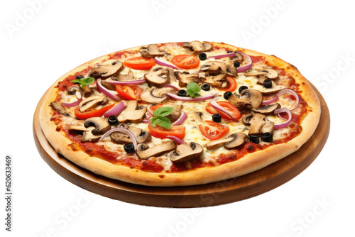 Tasty meat-free pizza topped with champignon mushrooms, tomatoes, mozzarella, bell peppers, and black olives, set against a transparent background.