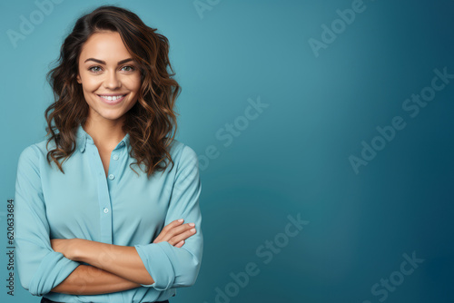 Smiling young woman stands against the solid color background background