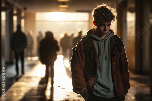 Impact of bullying - Young person alone in a school hallway