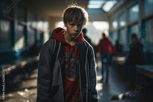 Impact of bullying - Young person alone in a school hallway