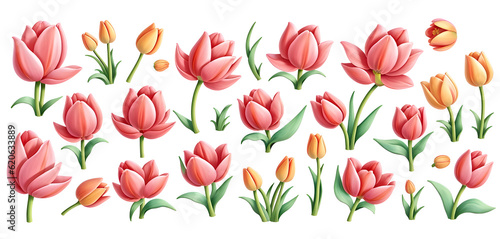 Set of watercolor tulip flower 3D style on transparent background generative ai