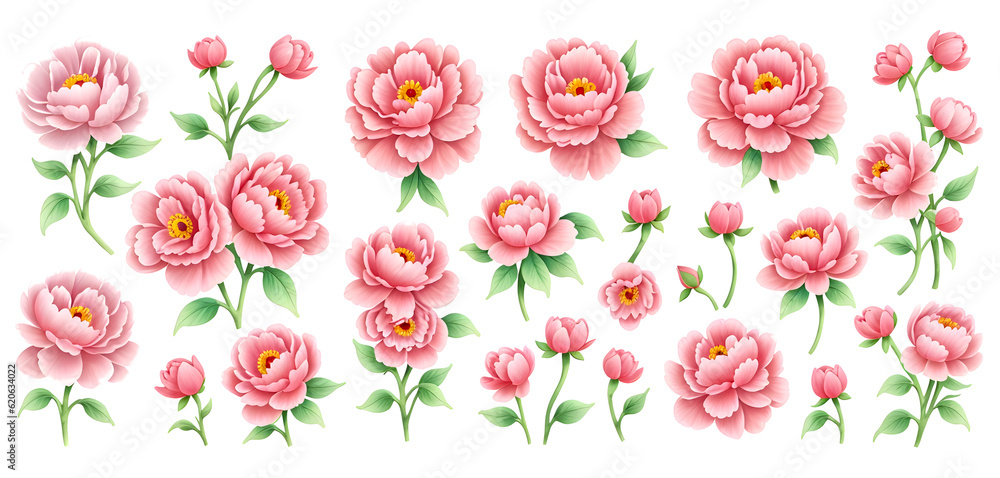 Set of watercolor peony flower 3D style on transparent background,generative ai