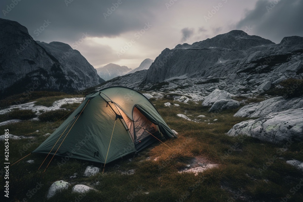 Hiking gear near tent at Twilight in Triglav National Park, Slovenia. Generative AI