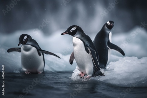 Penguins carefully balance themselves on an icy slope. Generative AI