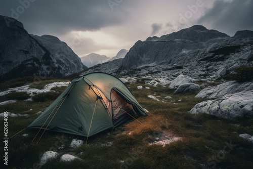 Hiking gear near tent at Twilight in Triglav National Park, Slovenia. Generative AI