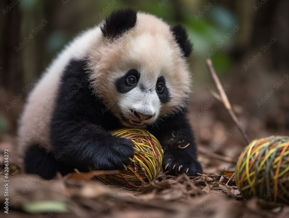 A playful panda bear cub with a ball of yarn Generative Ai A playful panda bear cub with a ball of yarn Generative Ai
