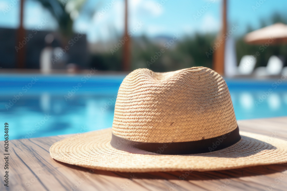 Hat by the pool, summer vacation. AI generative.