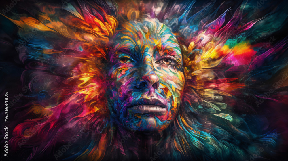 A surreal abstract painting of a human head full of colors Generative Ai