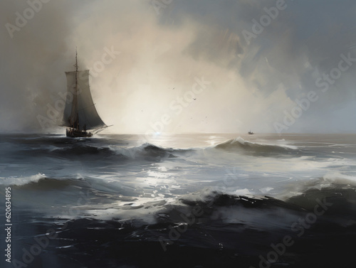 An oil painting of a sailboat navigating stormy waters Generative Ai