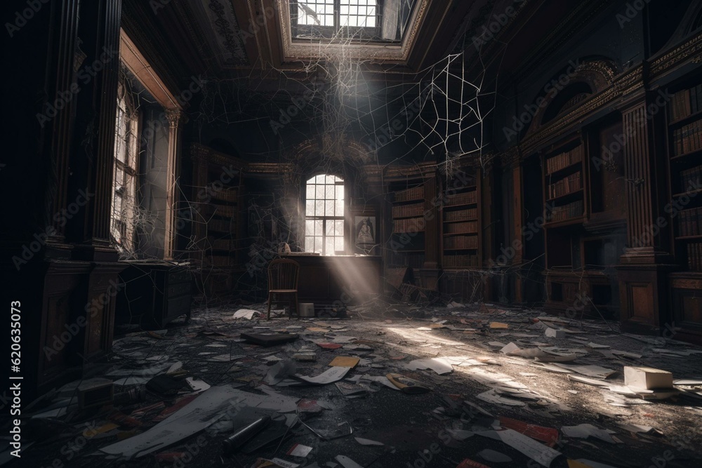An image of a musty library with scattered books and cobwebs. Generative AI