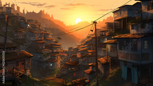 A favela at sunset Generative Ai photo