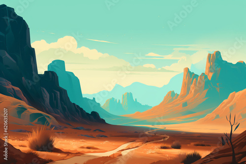 A desert landscape with majestic mountains in the distance flat design vector style illustration Generative Ai