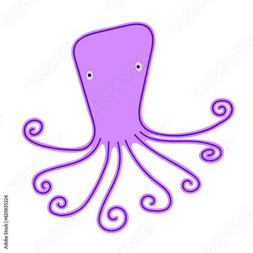 Lustiger Octopus als Linienillustration, violett, rosa, isoliert auf weißem Hintergrund, verspielte sympathiefigur, Character