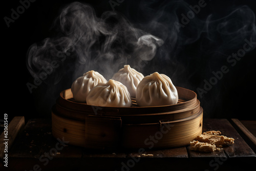 A group of delicious dumplings arranged on a wooden bamboo plate Generative Ai
