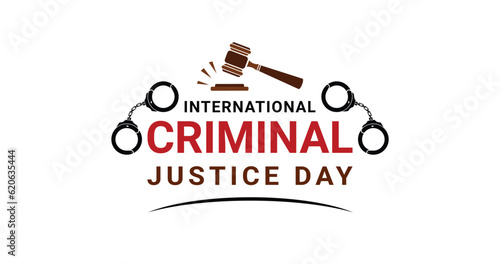 International criminal justice day lettering text vector. Text with judge gavel and handcuffs icon. Great for the Promotion of law enforcement through social media, videos, banners, and print media.
