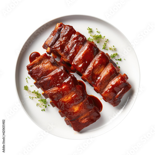 Bbq Ribs On White Plate, Directly Above View On Isolated Transparent Background, Png. Generative AI