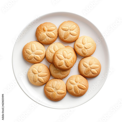 Almond Cookies On White Plate, Directly Above View On Isolated Transparent Background, Png. Generative AI