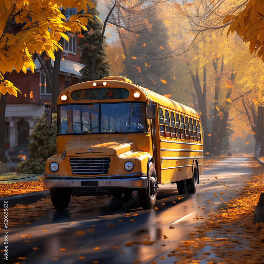 Obraz premium School bus rides down the street in autumn. AI generated