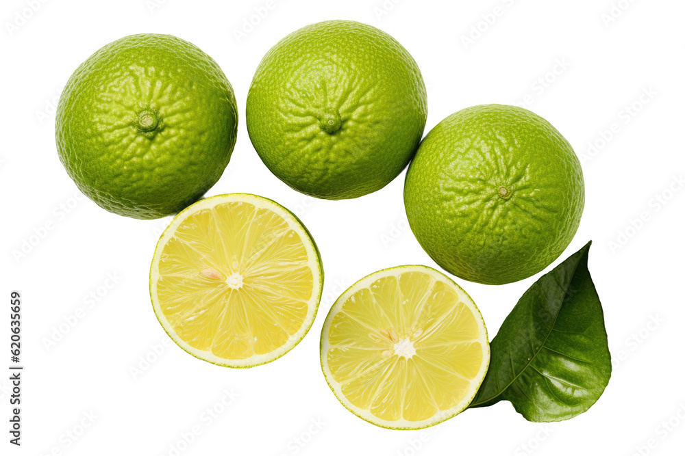 A transparent background showcases a half-sliced bergamot fruit. The image is taken from above, portraying a flat lay perspective.