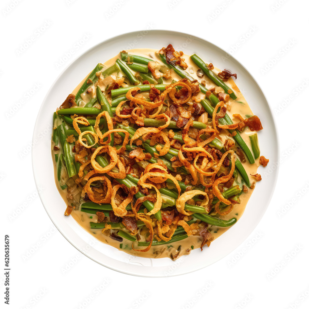 Green Bean Casserole On White Plate, Directly Above View On Isolated Transparent Background, Png. Generative AI