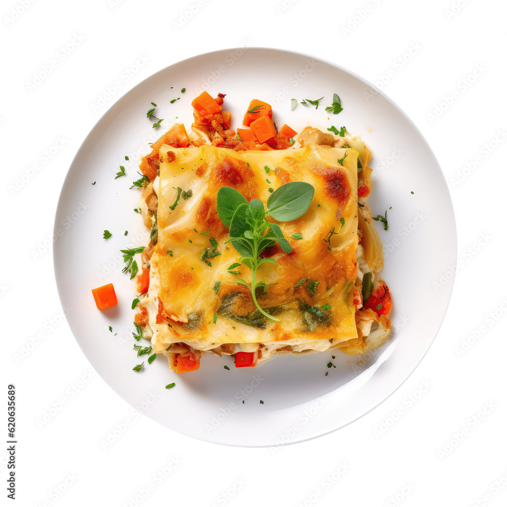 Harvest Vegetable Lasagna On White Plate, Directly Above View On Isolated Transparent Background, Png. Generative AI Harvest Vegetable Lasagna On White Plate, Directly Above View On Isolated Transparent Background, Png. Generative AI