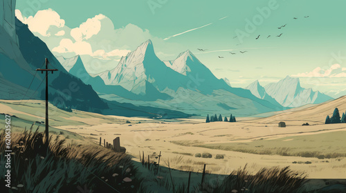 A scenic wild west landscape with majestic mountains in the background flat design vector style illustration Generative Ai