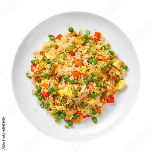 Egg Fried Rice On White Plate, Directly Above View On Isolated Transparent Background, Png. Generative AI