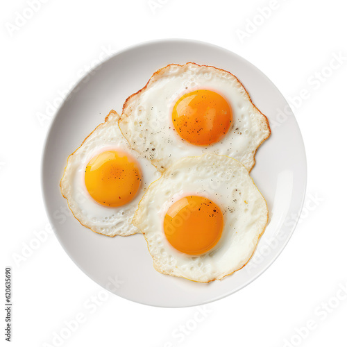Fried Eggs On White Plate, Directly Above View On Isolated Transparent Background, Png. Generative AI