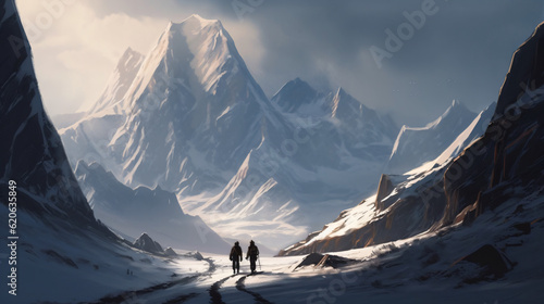 A couple of explorers standing in the snow surrounded by snowy mountains Generative Ai