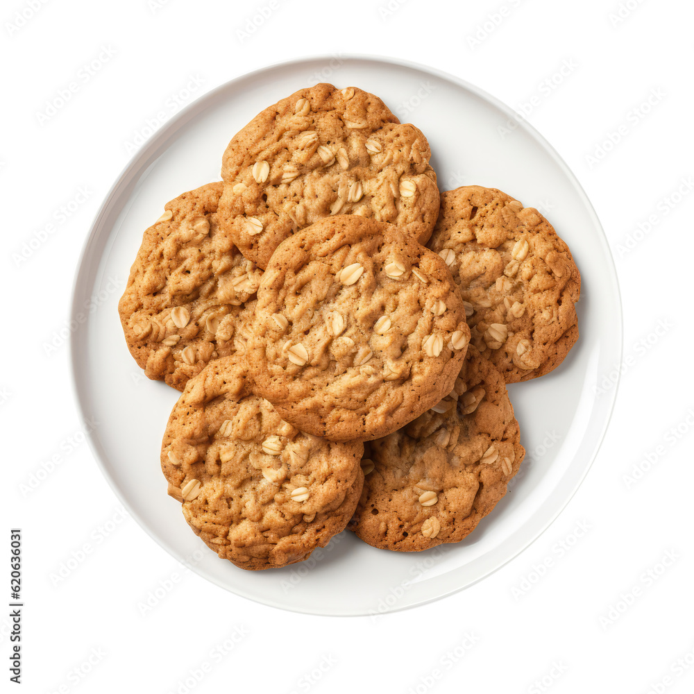 Oatmeal Cookies On White Plate, Directly Above View On Isolated Transparent Background, Png. Generative AI Oatmeal Cookies On White Plate, Directly Above View On Isolated Transparent Background, Png. Generative AI