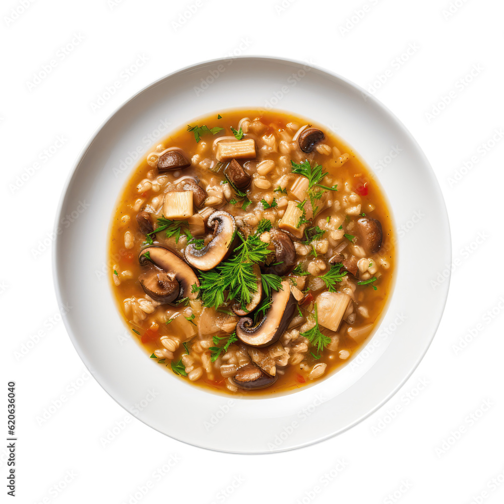 Mushroom And Barley Soup On White Plate, Directly Above View On Isolated Transparent Background, Png. Generative AI Mushroom And Barley Soup On White Plate, Directly Above View On Isolated Transparent Background, Png. Generative AI