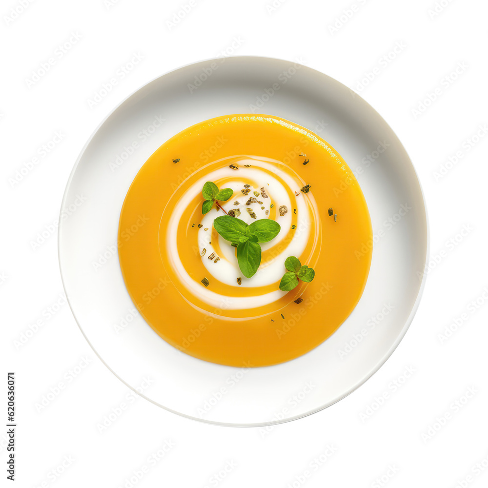 Pumpkin Soup On White Plate, Directly Above View On Isolated Transparent Background, Png. Generative AI Pumpkin Soup On White Plate, Directly Above View On Isolated Transparent Background, Png. Generative AI