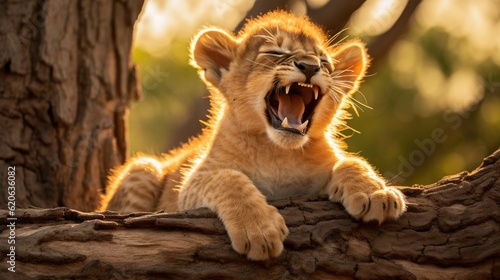 Fotografia african lion cub yawning and stretching under a tree, created with generative ai