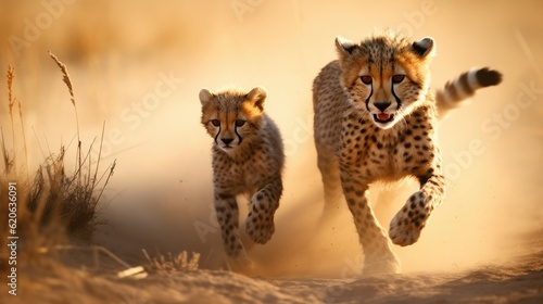 baby cheetah chasing its mothers tail, created with generative ai