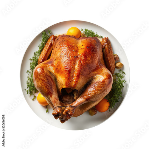 Roast Turkey On White Plate, Directly Above View On Isolated Transparent Background, Png. Generative AI