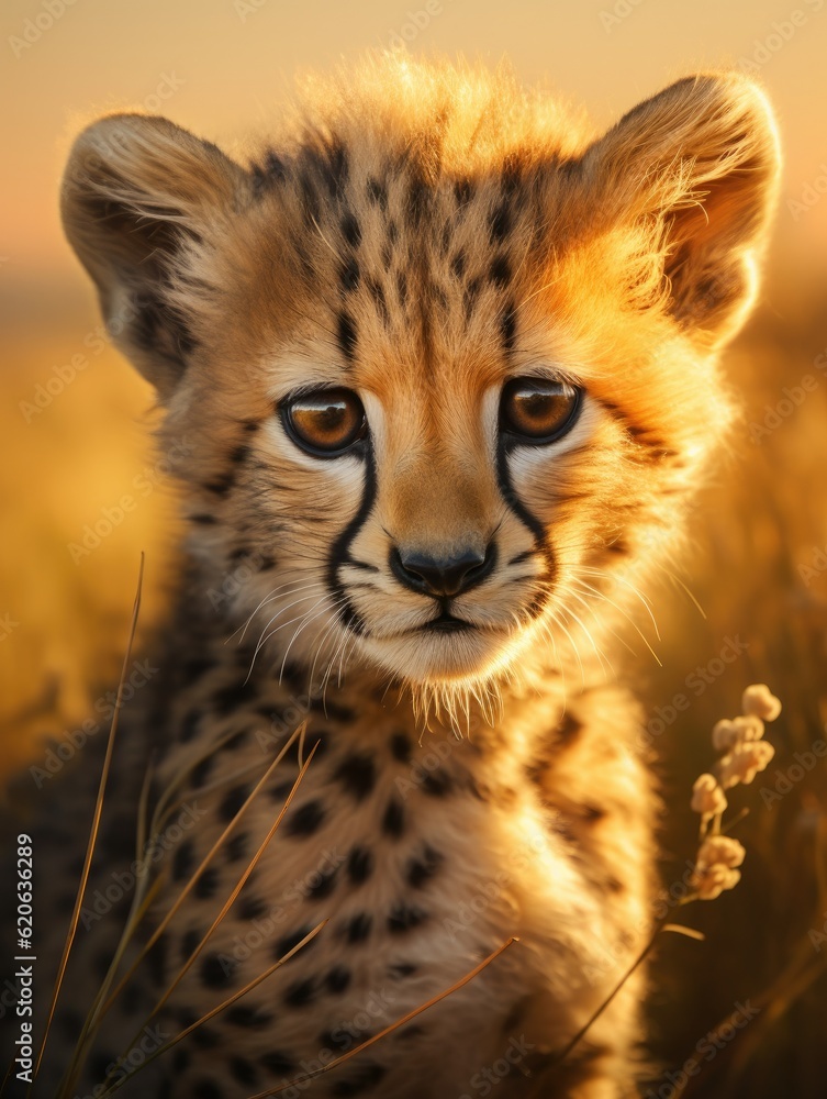 Obraz premium close-up of a cheetah cubs face golden eyes filled with wonder, created with generative ai