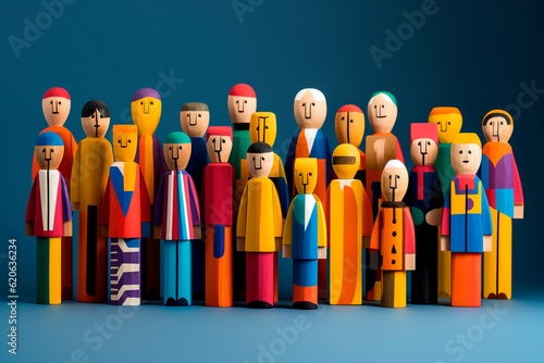 Colorful painted group of people wooden figures, diversity concept