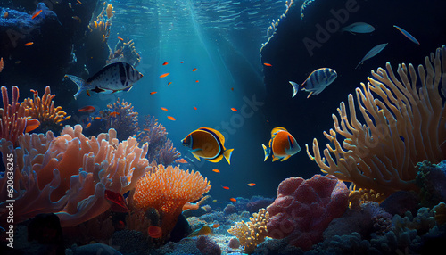 coral reef and fish. Coral reef with many fish swimming underwater Ai generated image