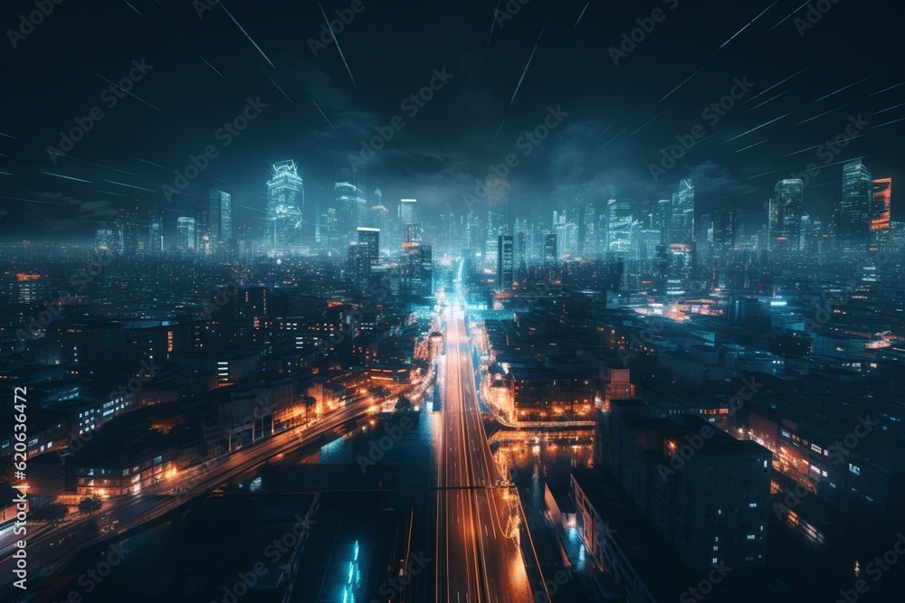Advanced urban infrastructure in a futuristic nighttime metropolis illuminated by blue neon lights. Generative AI