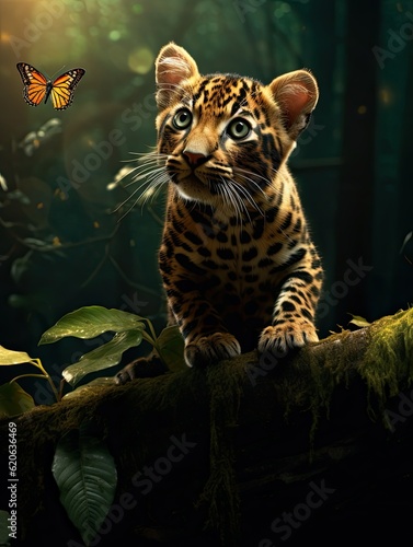 jaguar kitten preparing to pounce on an unaware butterfly, created with generative ai