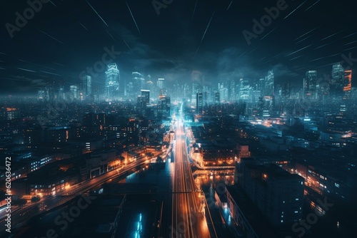 Advanced urban infrastructure in a futuristic nighttime metropolis illuminated by blue neon lights. Generative AI