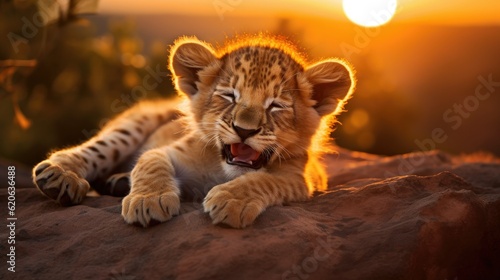 lion cub lounging lazily on a sun-heated rock yawning, created with generative ai