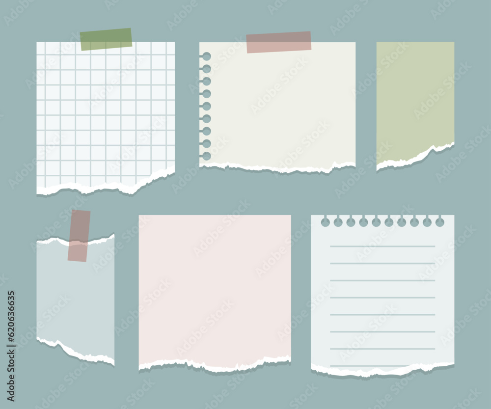 Set of note papers with ripped edges. Torn memo notes. Set of note papers with ripped edges. Torn memo notes.