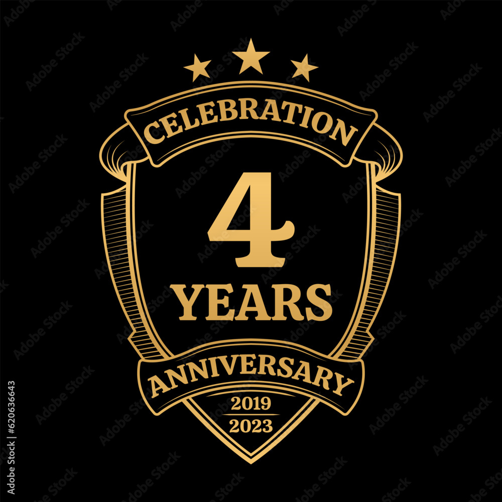 Fototapeta premium 4 year anniversary icon or logo. 4th jubilee celebration, business company birthday badge or label. Vintage banner with shield and ribbon. Wedding, invitation design element. Vector illustration.
