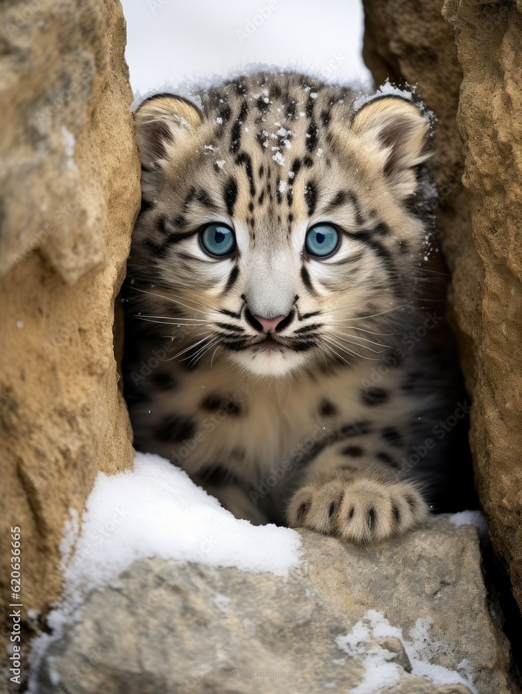 Fototapeta premium snow leopard kitten peeking curiously from behind a snow covered rock, created with generative ai