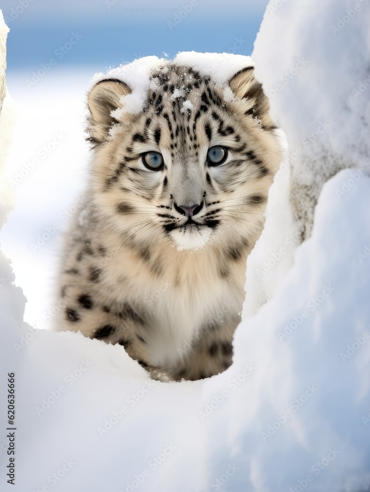 Obraz premium snow leopard kitten peering curiously from behind a snow pile, created with generative ai