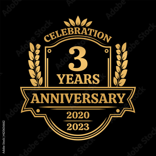 3 years anniversary icon or logo. Vintage birthday banner design. 3rd anniversary jubilee celebration badge or label. Vector illustration.