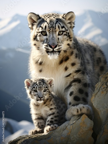 snow leopard kitten enjoying a playful moment with its mother, created with generative ai © Perfect PNG