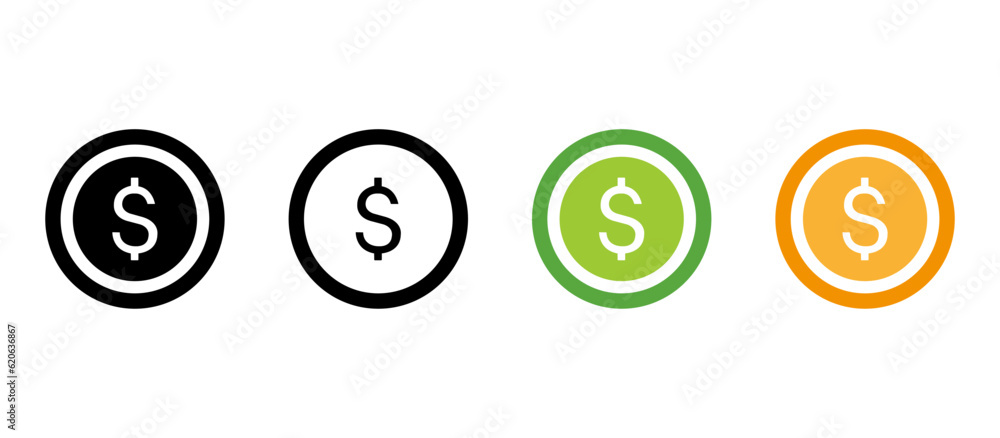 Dollar coin icons set Dollar coin icons set